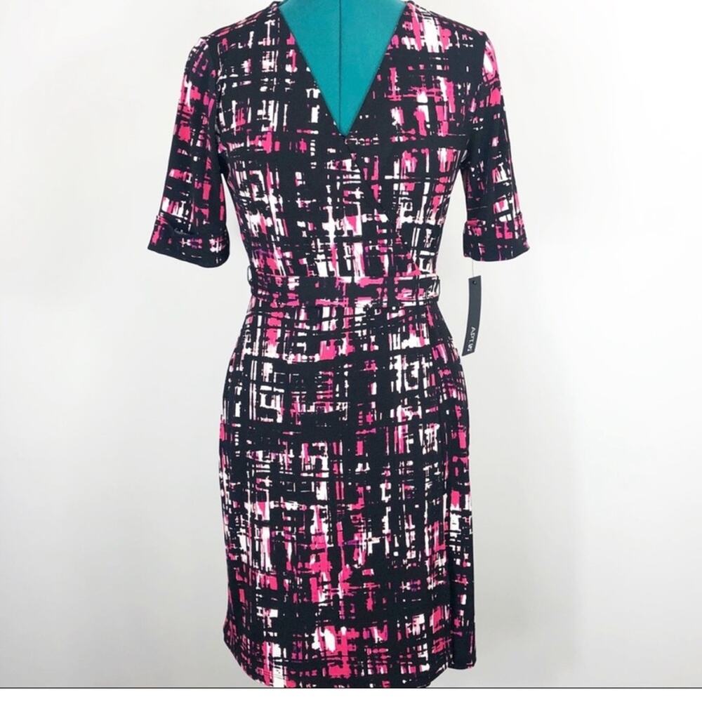 NWT apt 9 pink black and white printed faux wrap dress
